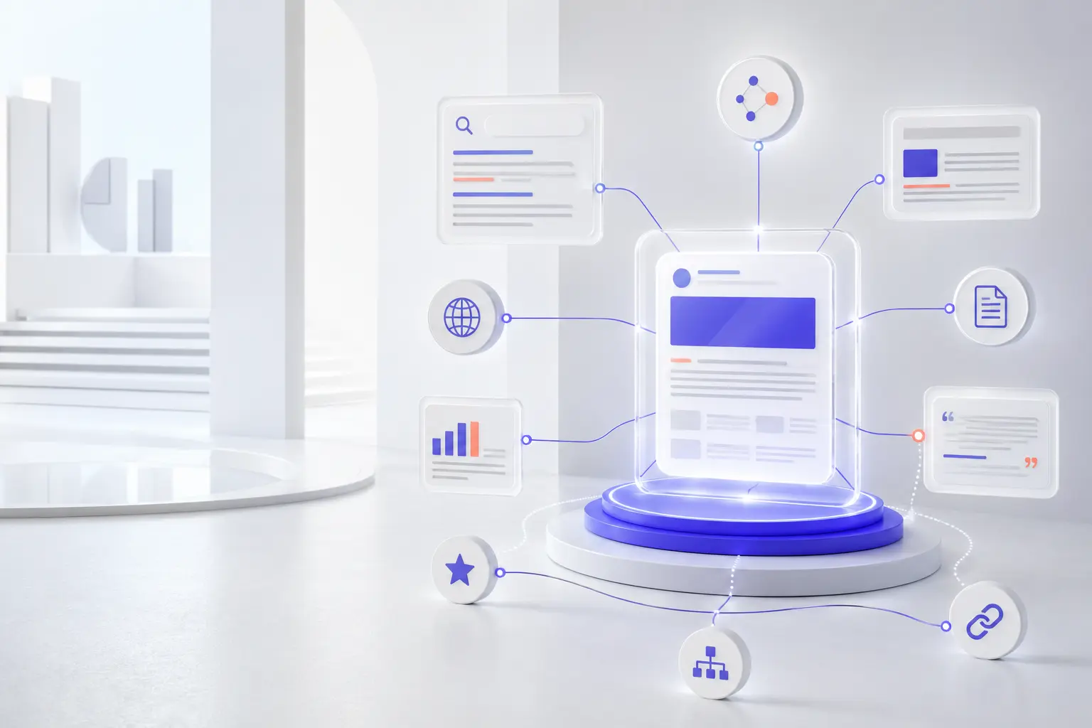 Bir web sayfasının arama sonucu, site haritası, bağlantı ve değerlendirme sinyalleriyle ilişkilendirildiği görselleştirme.