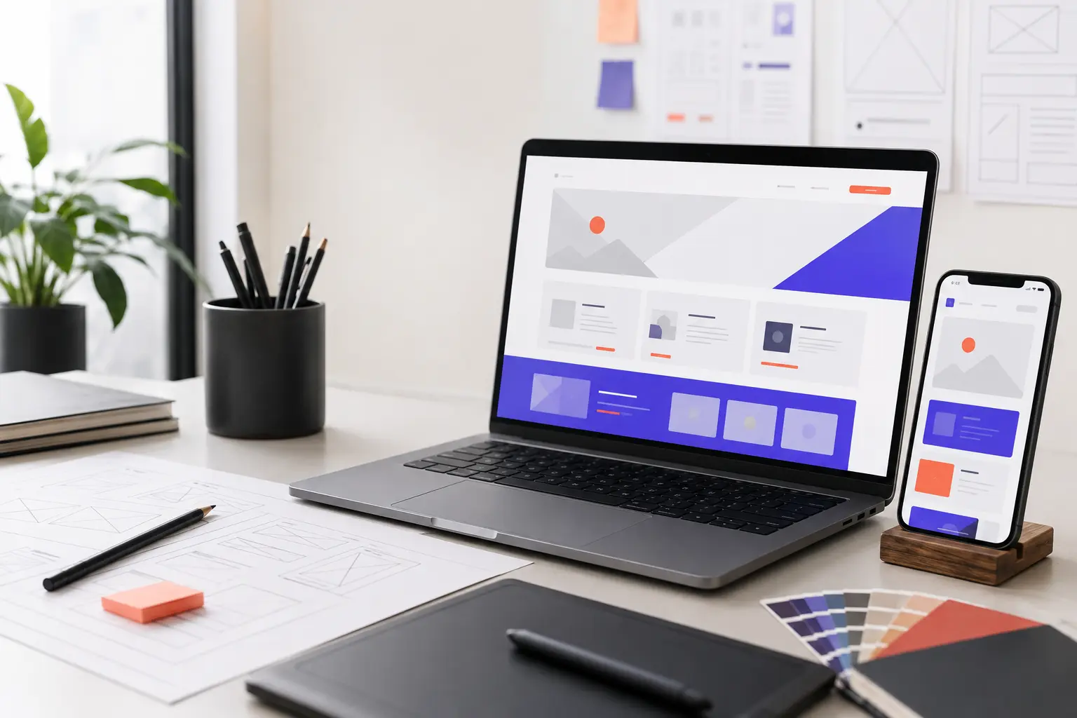 Bir masada dizüstü ve telefon ekranında görüntülenen kurumsal web sitesi tasarımı; yanında wireframe eskizleri ve renk kartelası.