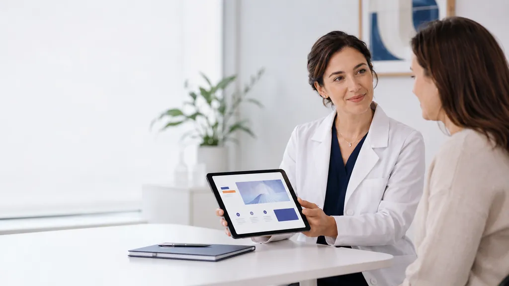 Hekimin hastasına tablet üzerinden kendi web sitesini gösterdiği muayenehane ortamı