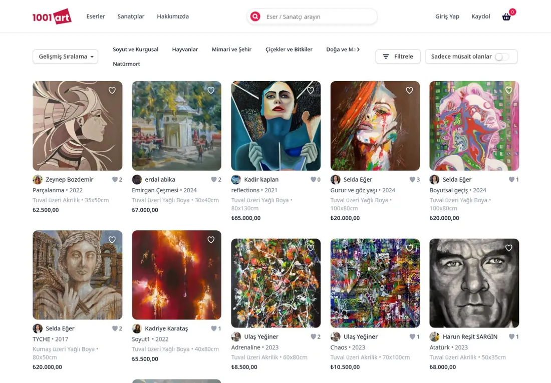 1001 Art platformunun eser listeleme ekranı: sanatçı, teknik ve fiyat bilgisiyle birlikte sunulan eser kartları.