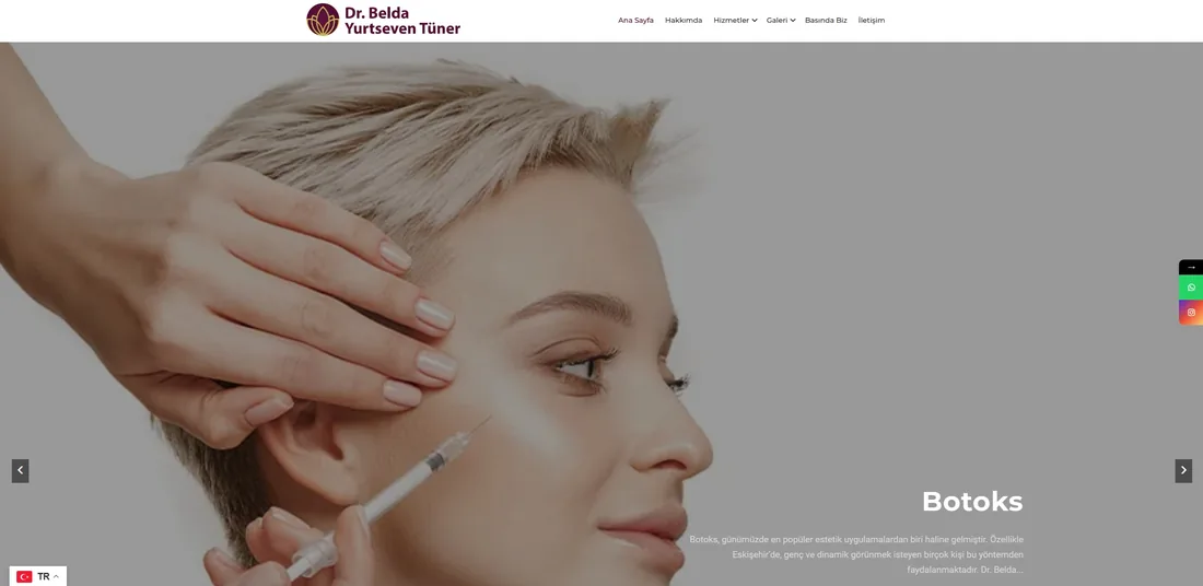 Uzm. Dr. Belda Yurtseven Tüner web sitesinin ana sayfası: medikal estetik uygulamalarının tanıtıldığı karşılama bölümü.