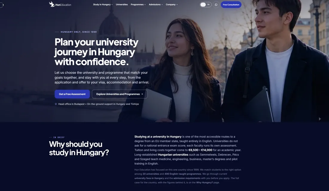 Hun Education web sitesinin ana sayfası: Macaristan’da üniversite başvurusu yapmak isteyen öğrencilere yönelik açılış ekranı.
