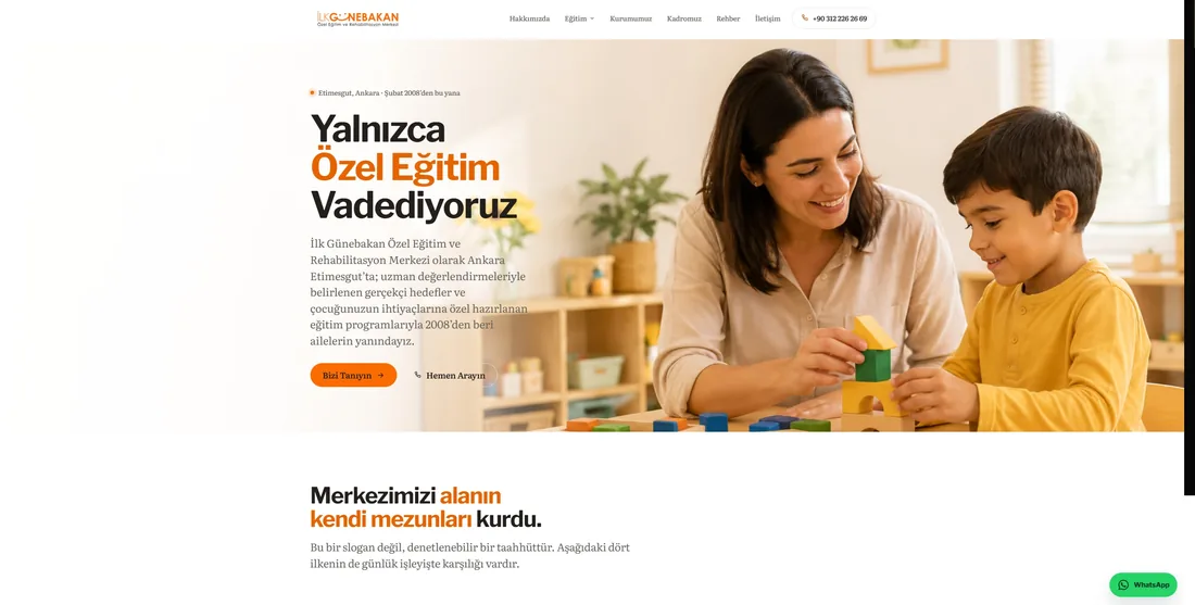 İlk Günebakan Özel Eğitim ve Rehabilitasyon Merkezi ana sayfası: Ankara Etimesgut’taki merkezi tanıtan karşılama bölümü.