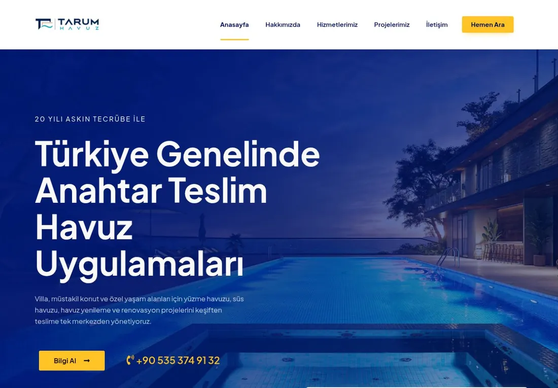 Tarum Havuz web sitesinin ana sayfası: Türkiye geneline anahtar teslim havuz uygulamalarını tanıtan tasarım.