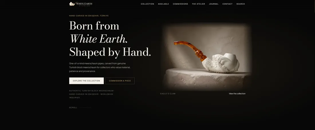 White Earth Atelier ana sayfası: Eskişehir’de el oyması lületaşı pipoları tanıtan İngilizce karşılama bölümü.