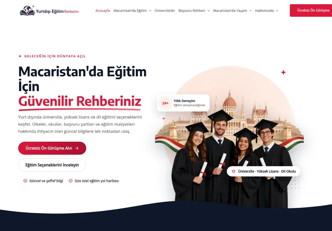 Yurt Dışı Eğitim Rehberim web sitesinin ana sayfası: Macaristan’da eğitim başvuru sürecini anlatan bilgi mimarisi.